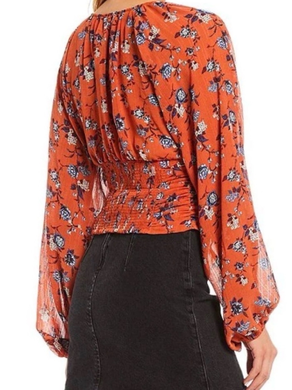 Free People Boho Ruched Front Smocked Back Long Sleeve Blouse, Rust Floral - Picture 2 of 11